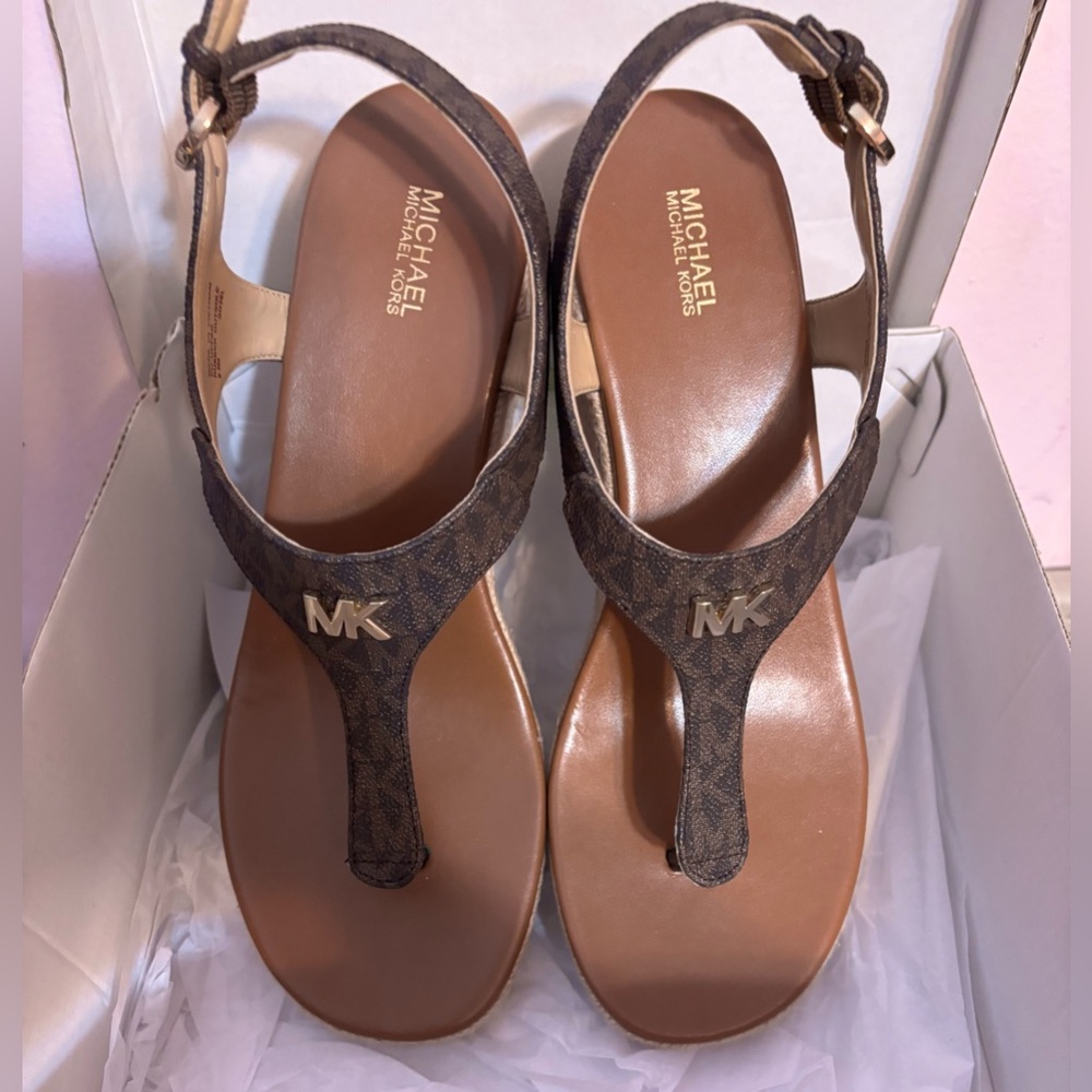 Michael Kors Brown Laney Thong Saffiano Leather Wedge Sandal -New